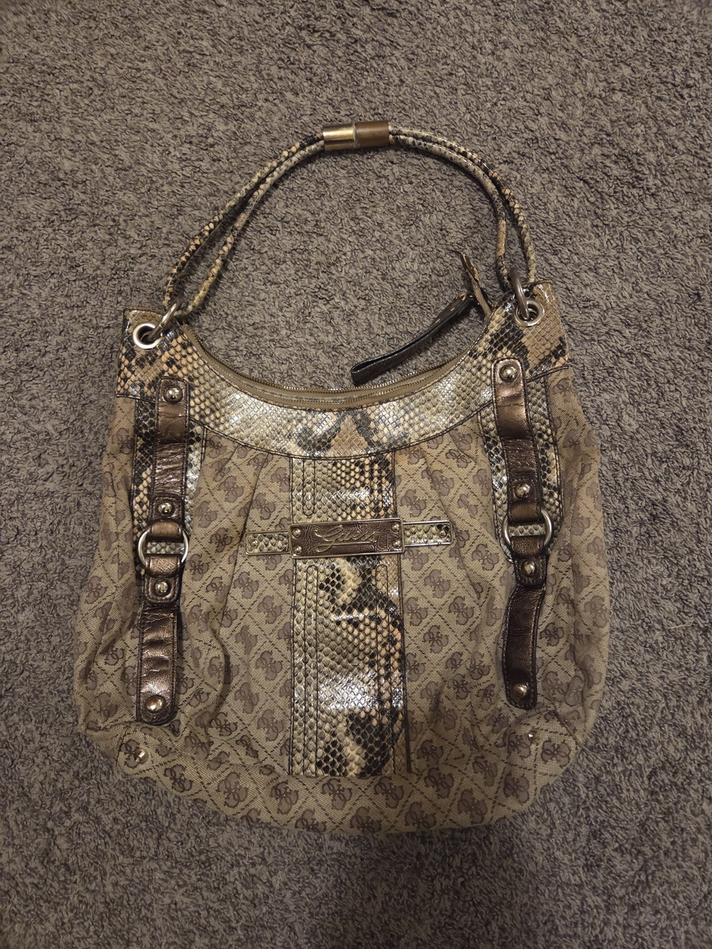 Vintage Y2k Guess Patterned Tote Bag in Taupe & Brown